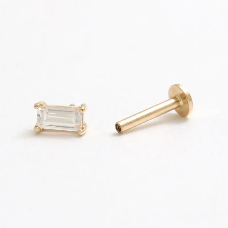 14K Gold Cartilage Helix Tragus Conch Baguette Cut Genuine White Sapphire Internally Threaded Flat Back Earring Labret