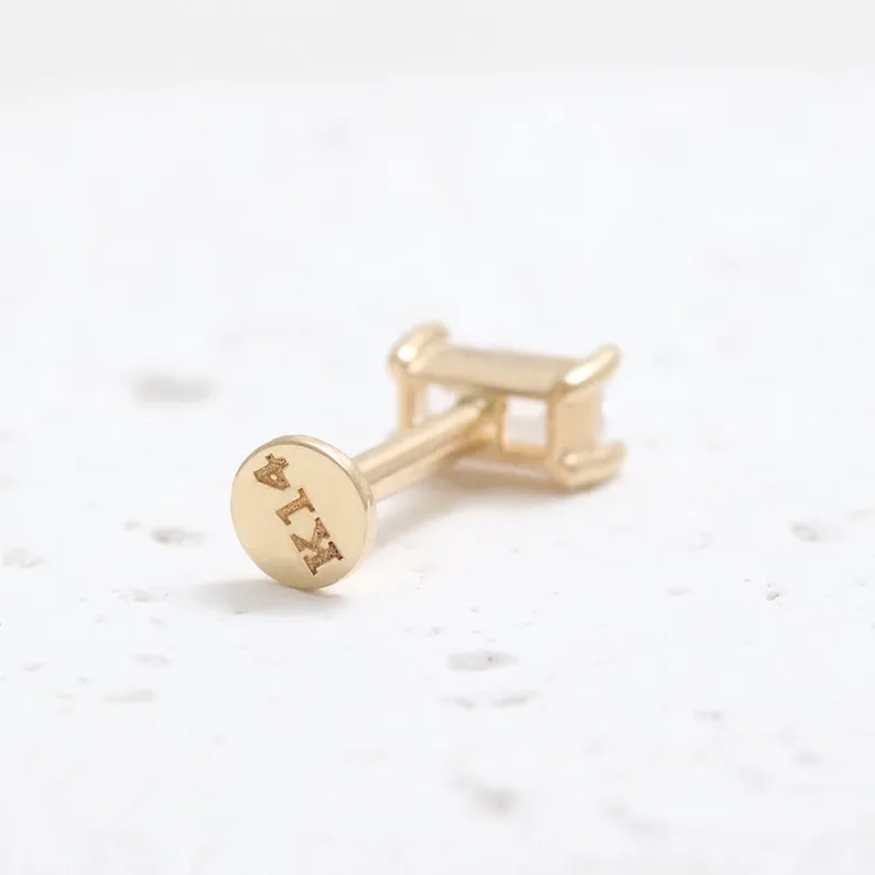 14K Gold Cartilage Helix Tragus Conch Baguette Cut Genuine White Sapphire Internally Threaded Flat Back Earring Labret