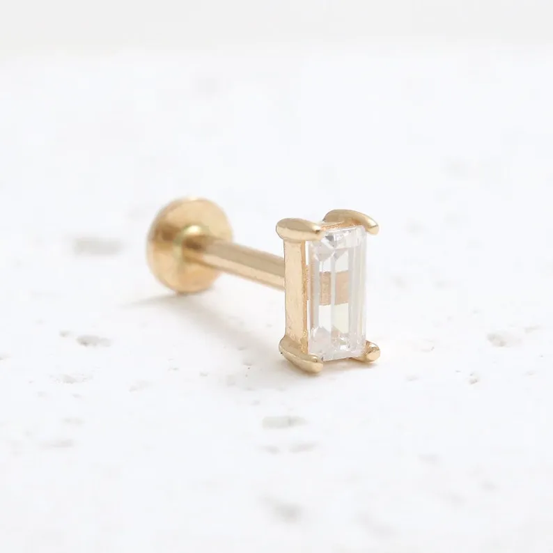 14K Gold Cartilage Helix Tragus Conch Baguette Cut Genuine White Sapphire Internally Threaded Flat Back Earring Labret