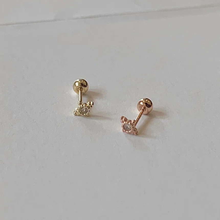 14K Solid Gold Cz Cross Bezel Baguette Tragus Cartilage Helix Conch Earring Barbell Piercing Stud