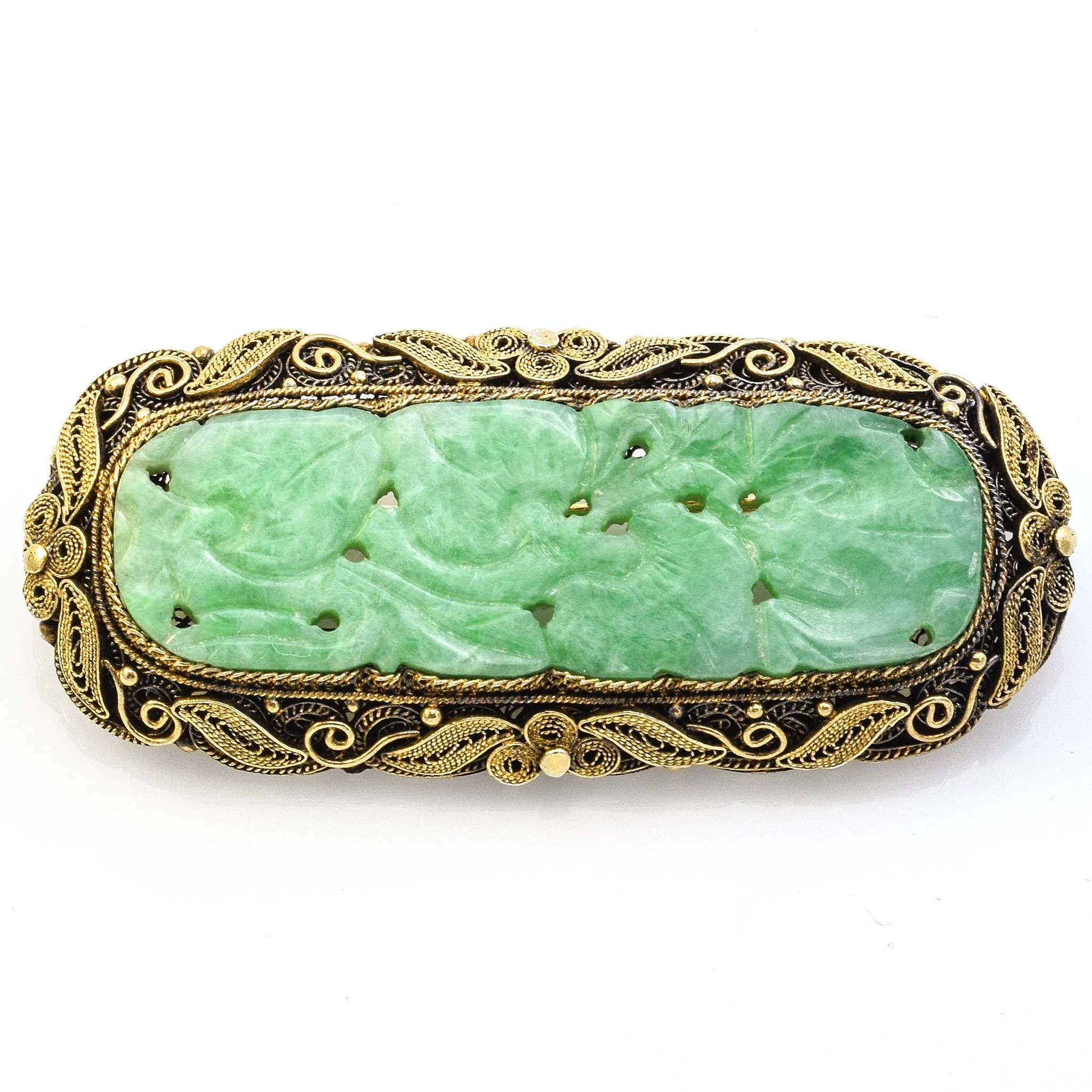 Antique Sterling Silver Carved Green Jade Brooch Pin