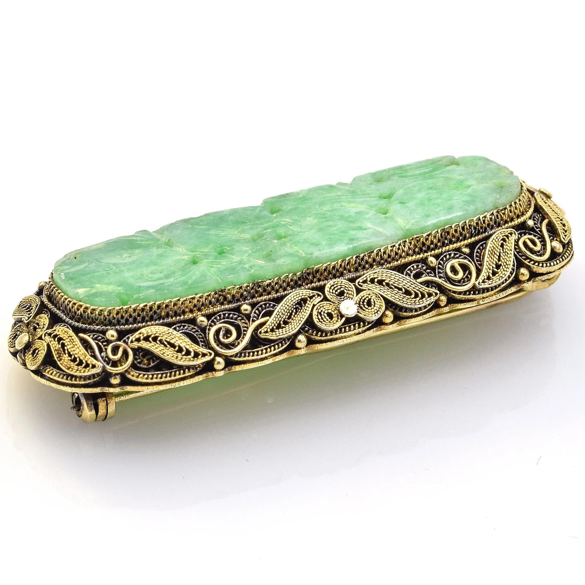 Antique Sterling Silver Carved Green Jade Brooch Pin