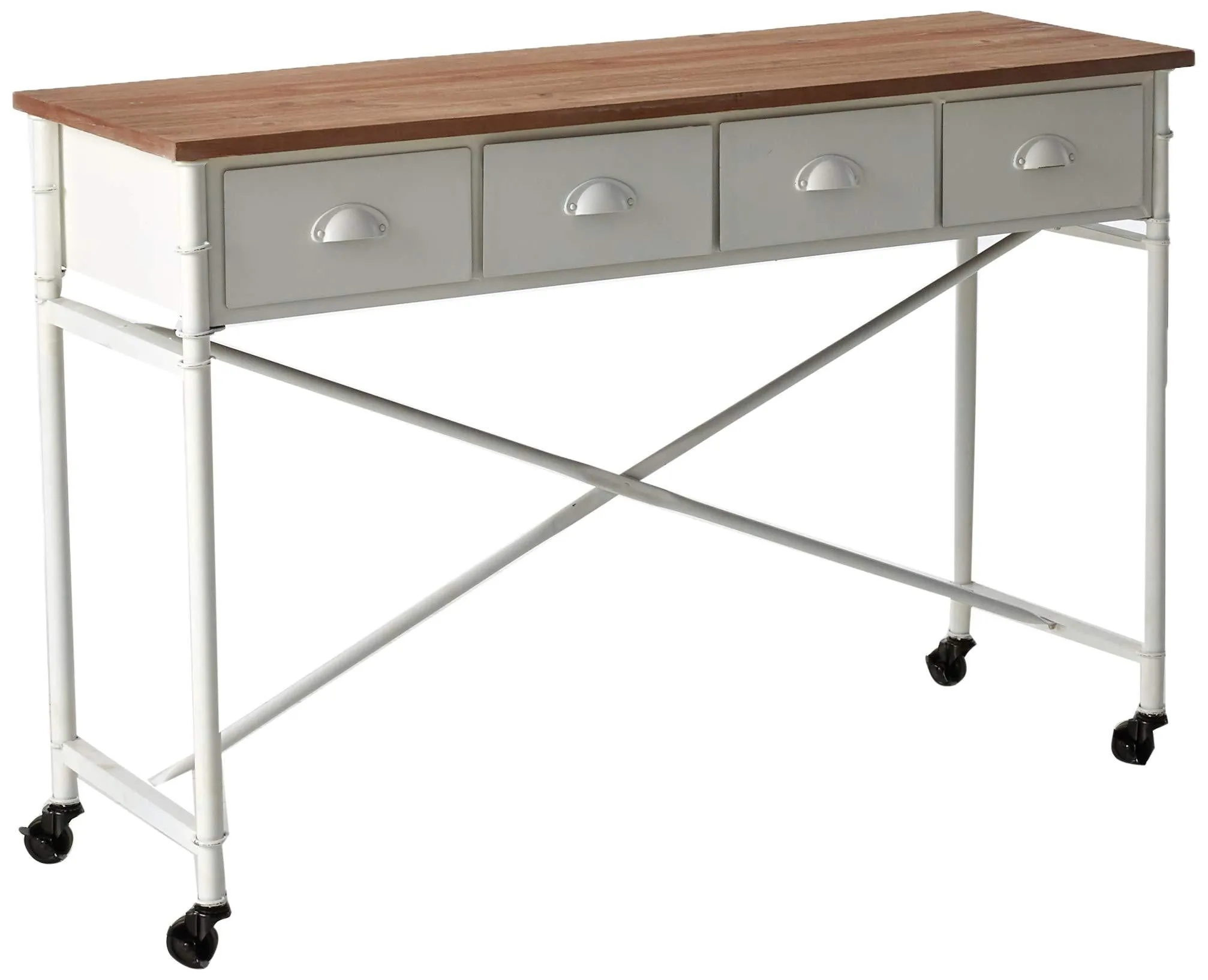 Creative Co-Op White Metal Table with Wood Top & 4 Drawers on Caster Wheels