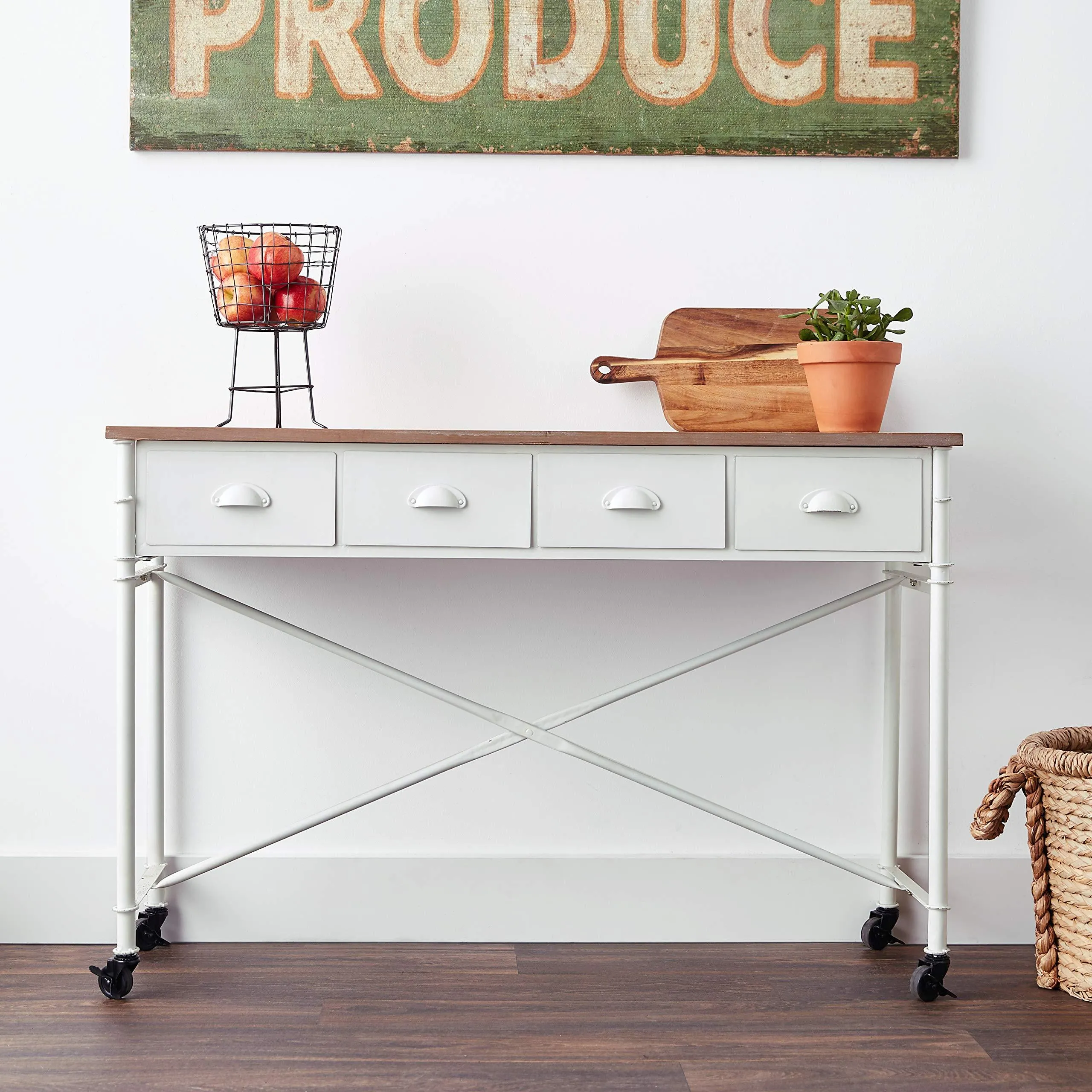 Creative Co-Op White Metal Table with Wood Top & 4 Drawers on Caster Wheels