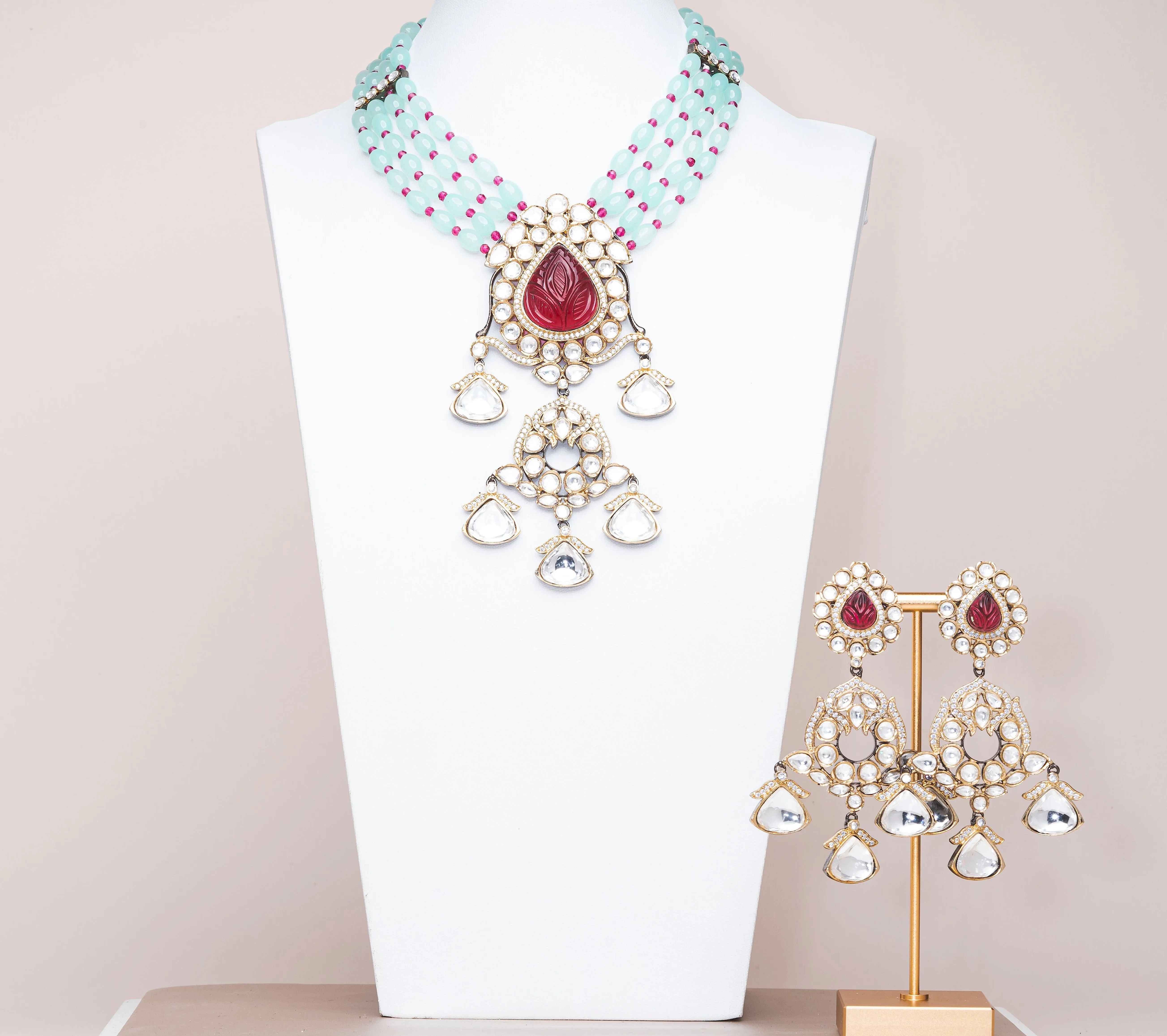 Hadia Mint & Ruby Luxury Mala & Earring Set By Jaipur Rose Luxury Indian Jewelry Online