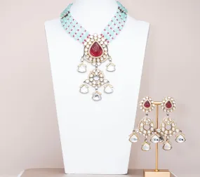 Hadia Mint & Ruby Luxury Mala & Earring Set By Jaipur Rose Luxury Indian Jewelry Online