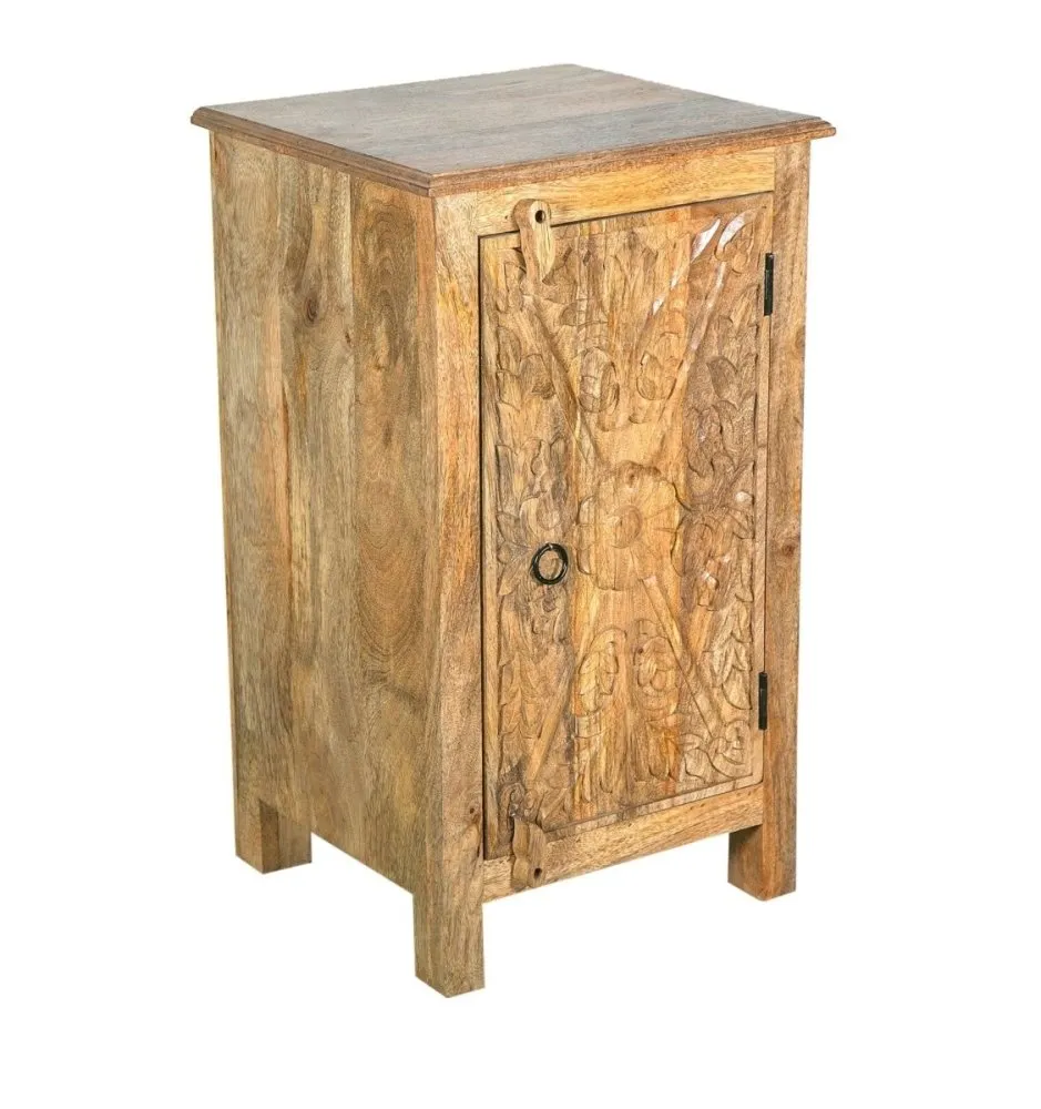 Hand Carved Wooden Single Door Cabinet in a Distressed Natural Grain