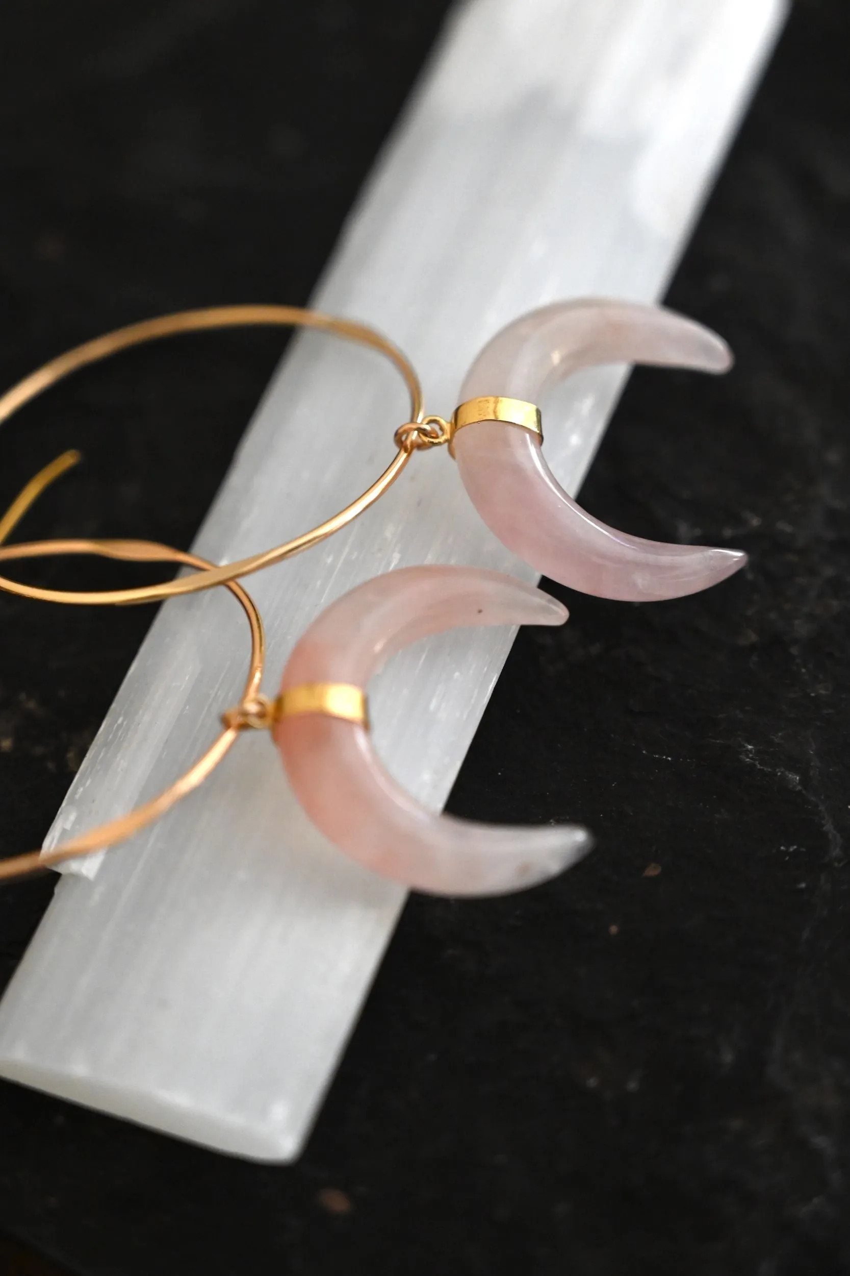 I Move In Love Rose Quartz Gold Hoops