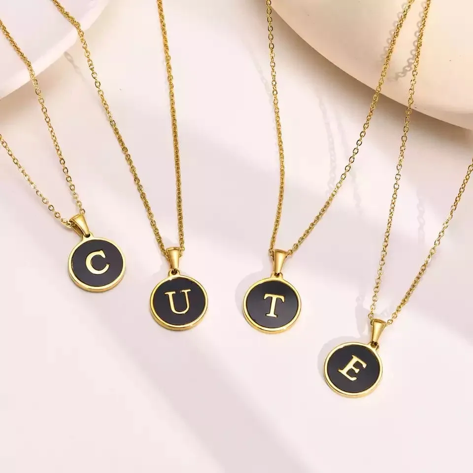 Minimalist Black Enamel & Gold Charm Initial Pendant Necklace - Stylish Circle/Square Letter Necklace | Perfect Birthday Gift for Her