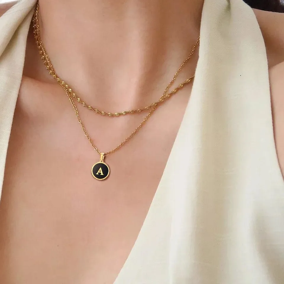 Minimalist Black Enamel & Gold Charm Initial Pendant Necklace - Stylish Circle/Square Letter Necklace | Perfect Birthday Gift for Her