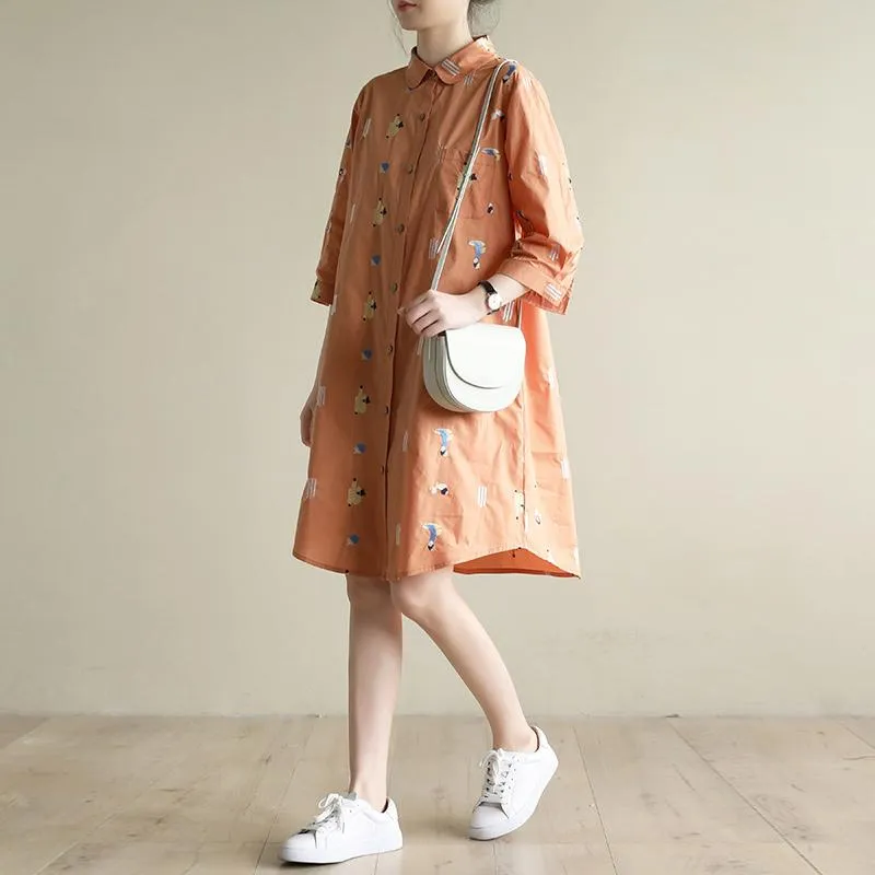 Loose Casual Embroidery Orange Mid-Length Shirt Dress