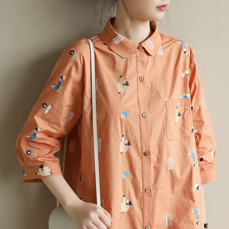 Loose Casual Embroidery Orange Mid-Length Shirt Dress