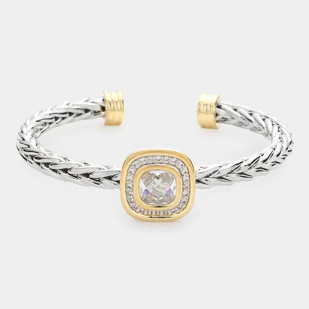 Silver CZ Cushion Square Stone Accented Cuff Bracelet-M H W ACCESSORIES