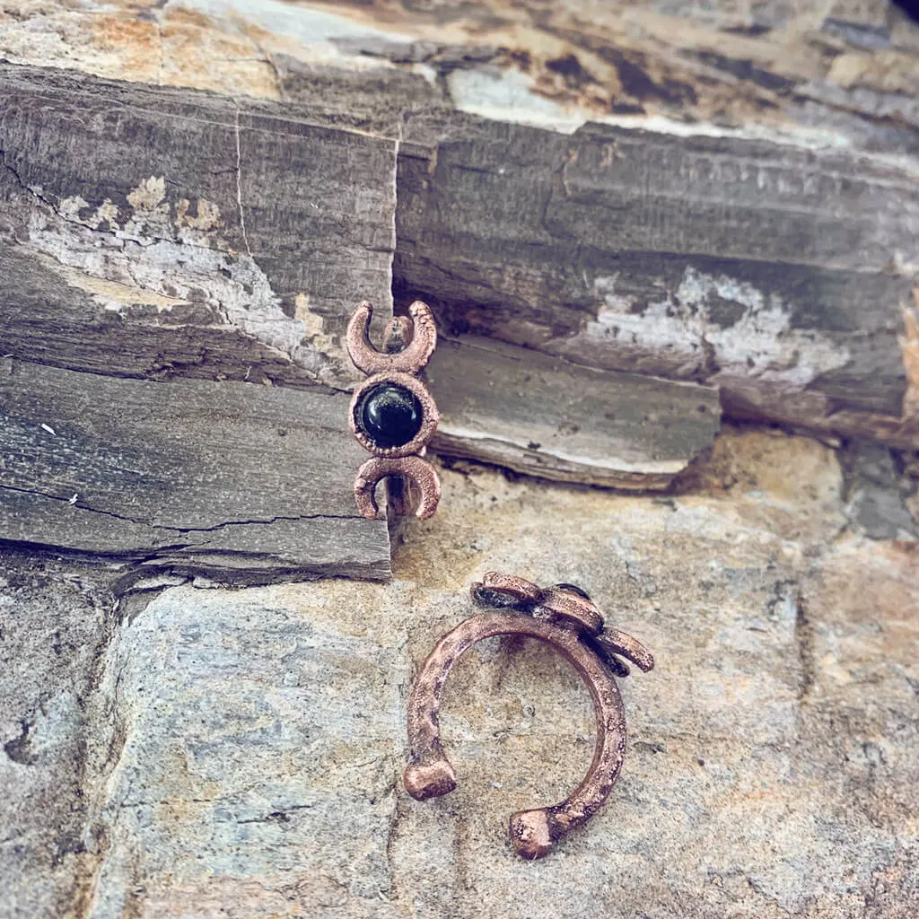 triple goddess // chunky electroformed copper moon phases and gemstone adjustable gap ring