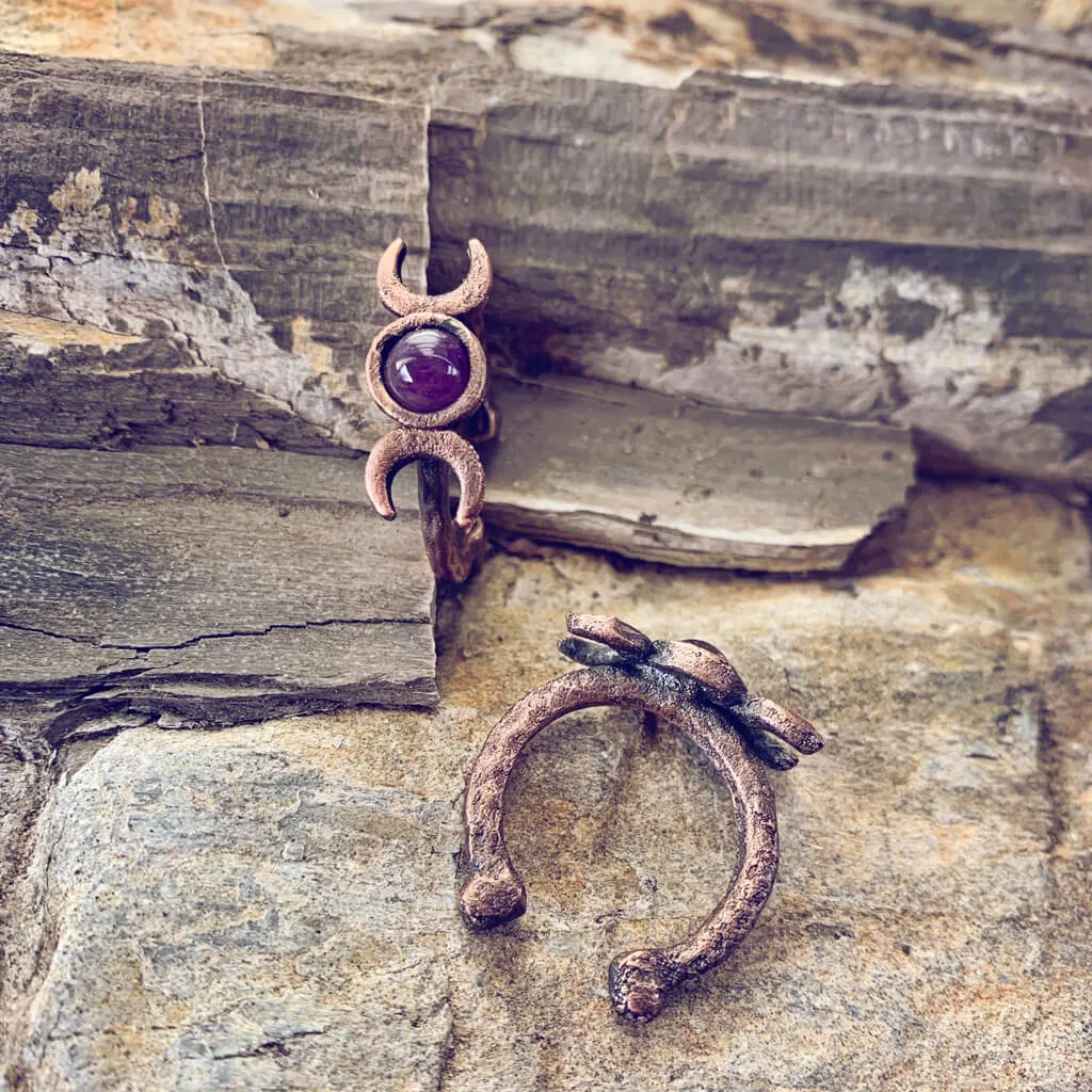 triple goddess // chunky electroformed copper moon phases and gemstone adjustable gap ring