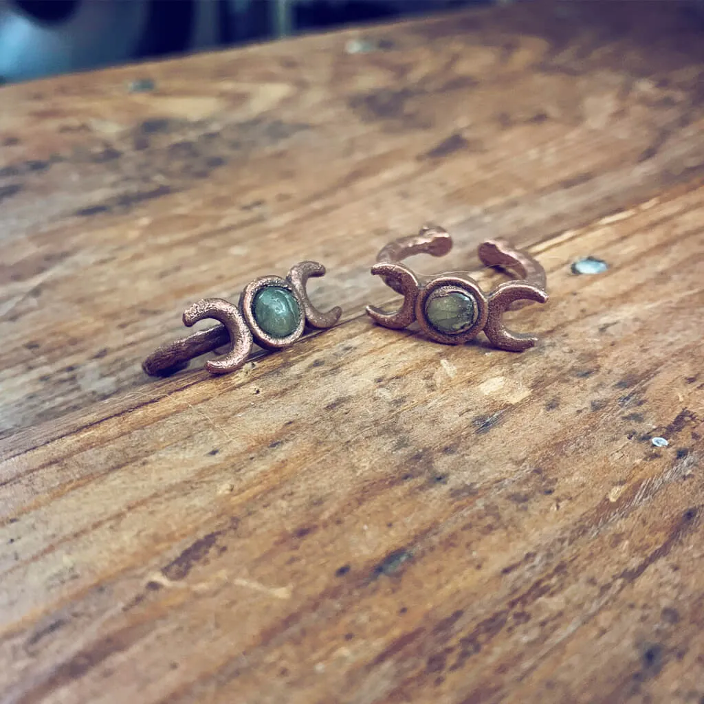 triple goddess // chunky electroformed copper moon phases and gemstone adjustable gap ring