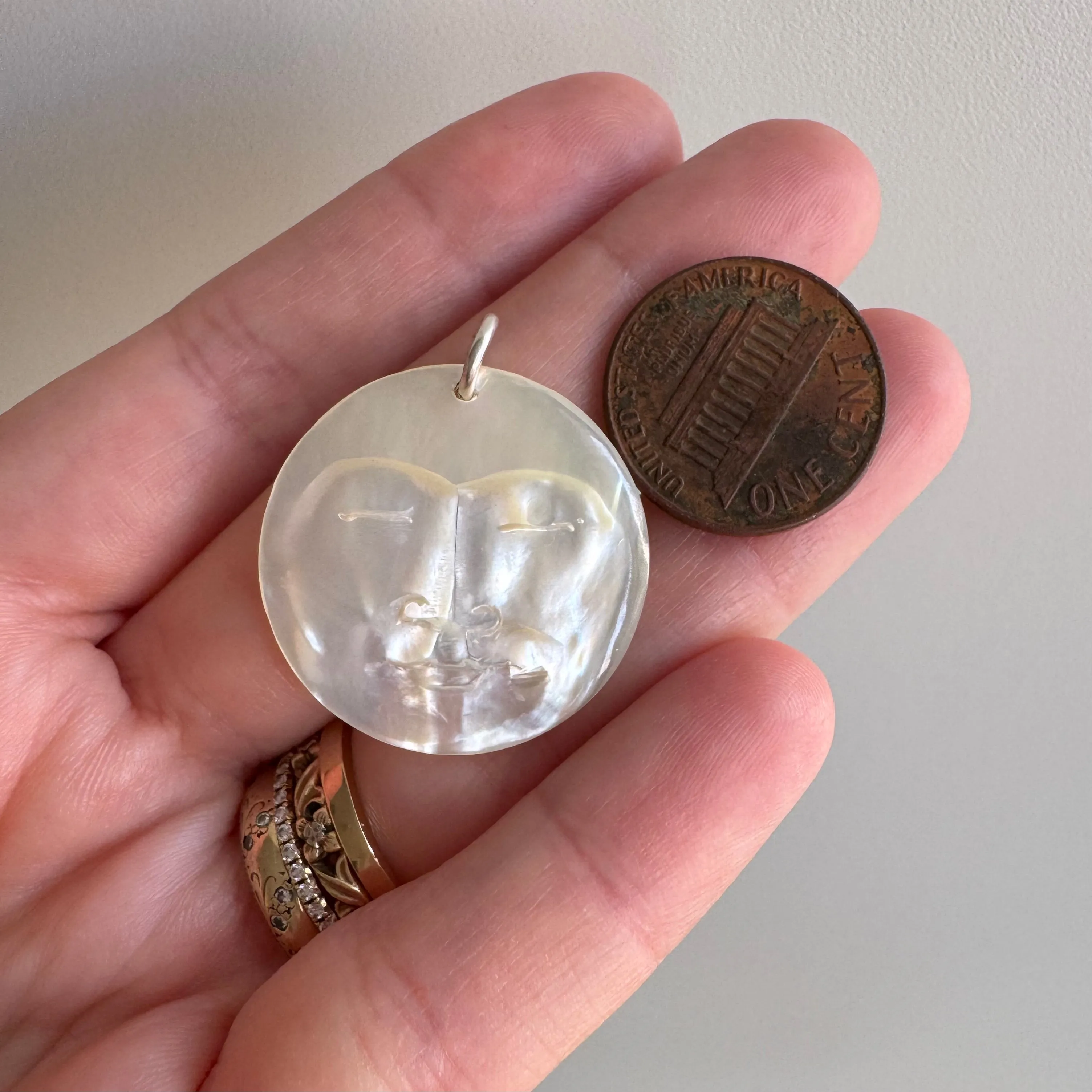 V I N T A G E // 1970s moon / carved mother of pearl moon with sterling silver bail / a pendant